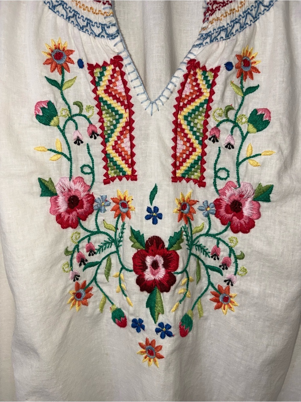 Lucky Brand XL White Embroidered Floral Peasant Dress Boho Tunic Mini - Picture 5 of 9